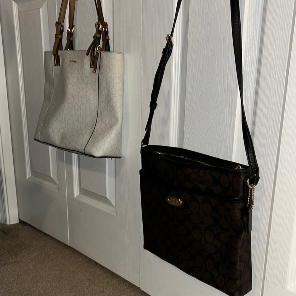 Coach White and Brown Shoulder Bags with Classic Design